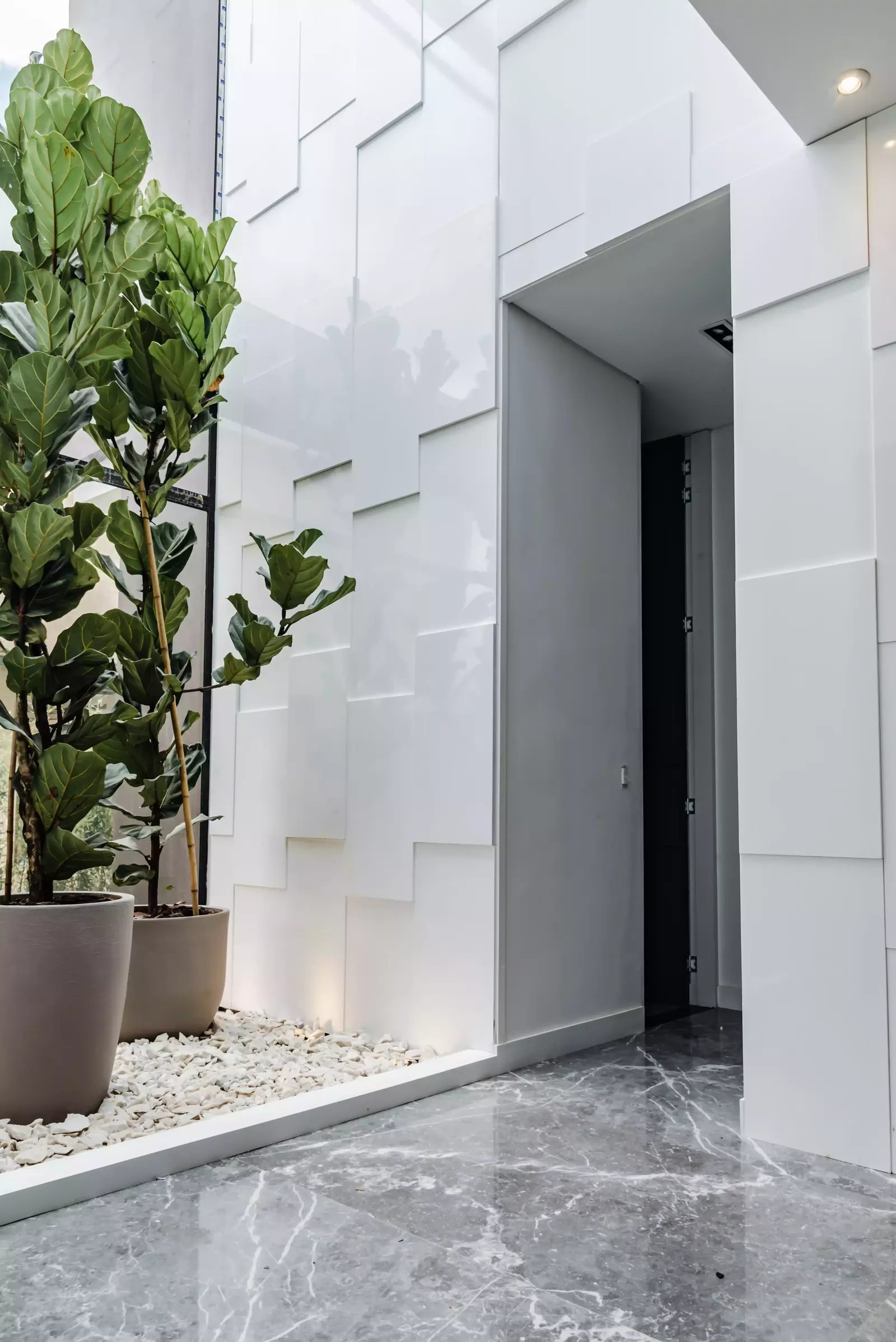Acceso con jardín interior y muros de textura blanca