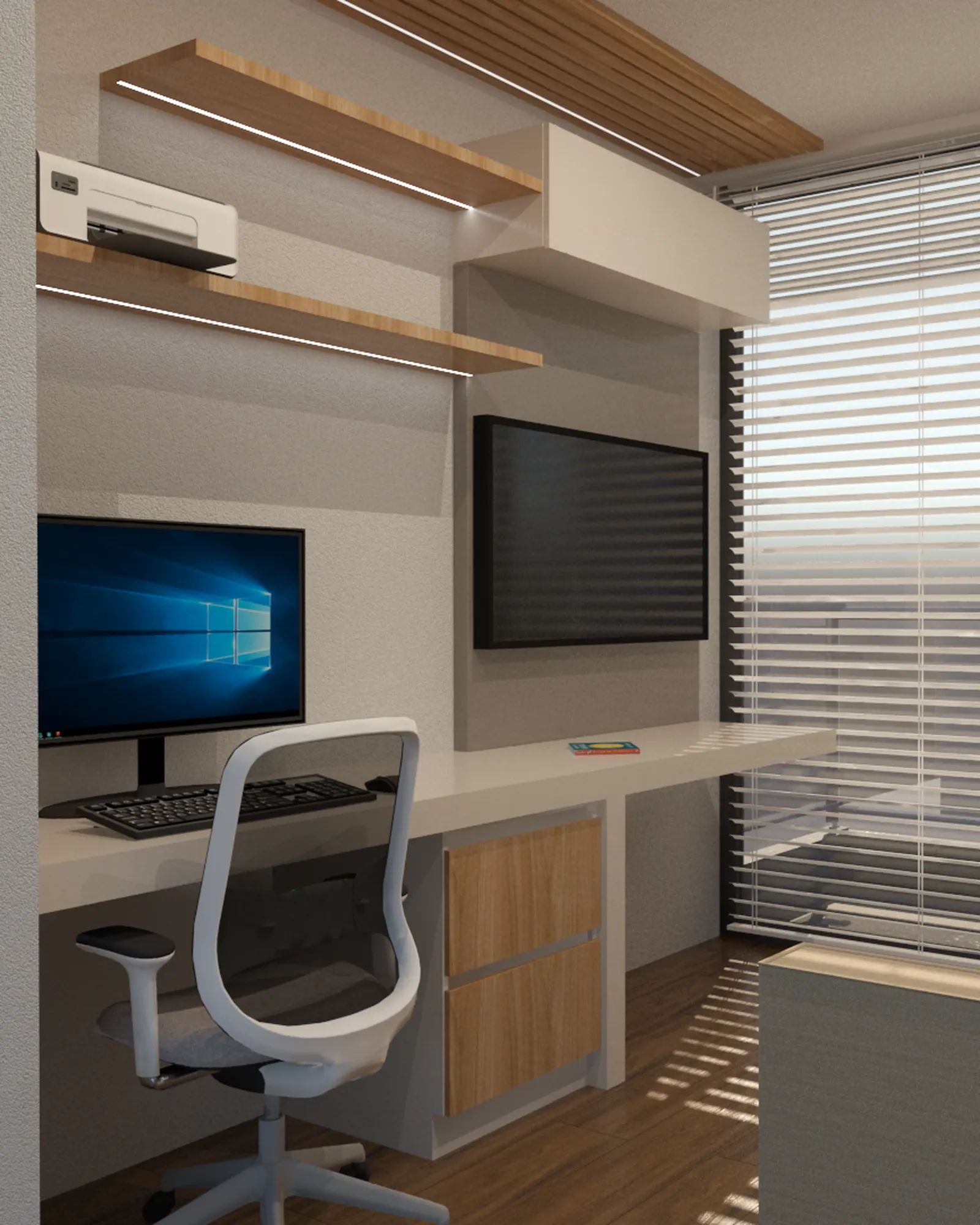 Diseño aprobado de una oficina en casa con escritorio, repisas y mueble de televisión