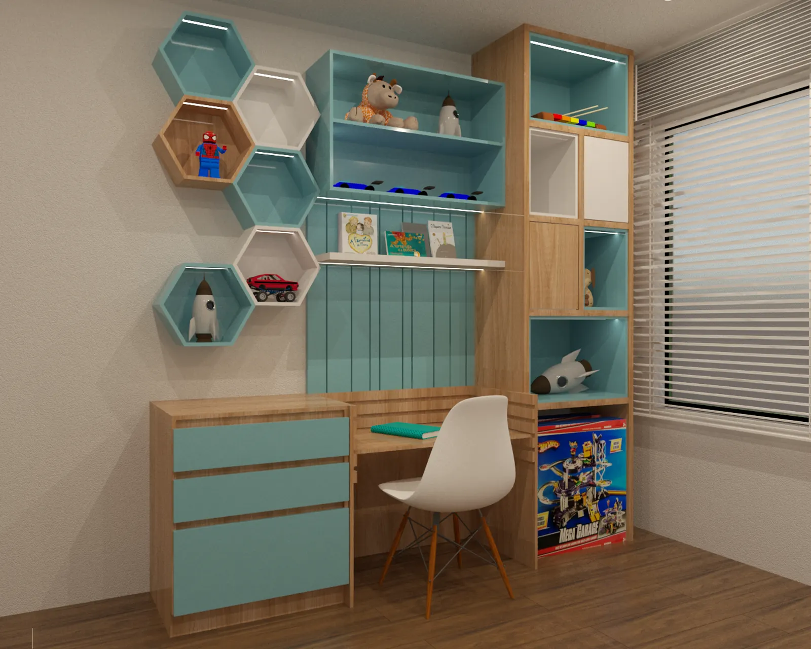 Diseño aprobado de un escritorio infantil con repisas hexagonales y estantería turquesa